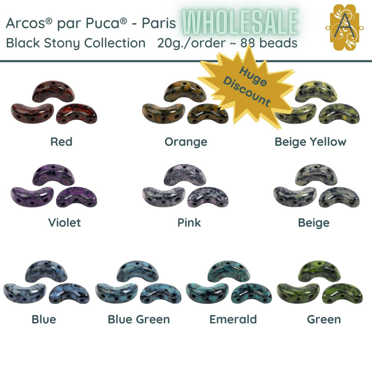 WHOLESALE Arcos par Puca, 20g., Black Stony Collection, 10 Colors - The Argus Collection