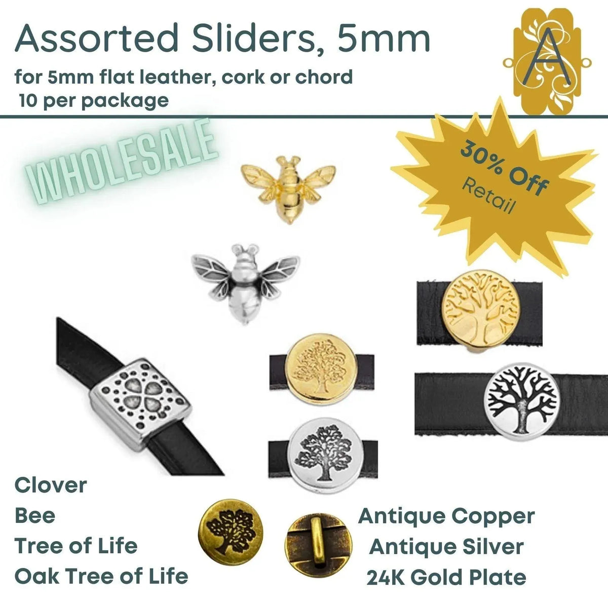 WHOLESALE! Assorted Sliders for 5mm Flat Leather or Cord in 4 Styles, Various Finishes - The Argus Collection