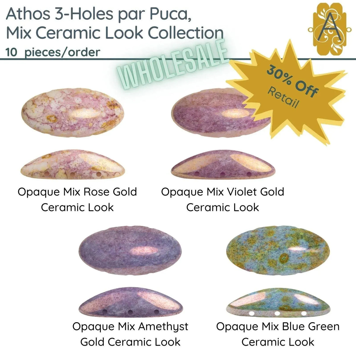 WHOLESALE! Athos 3-Holes par Puca, Mix Ceramic Look Collection, 4 Colors - 10 cabs - The Argus Collection