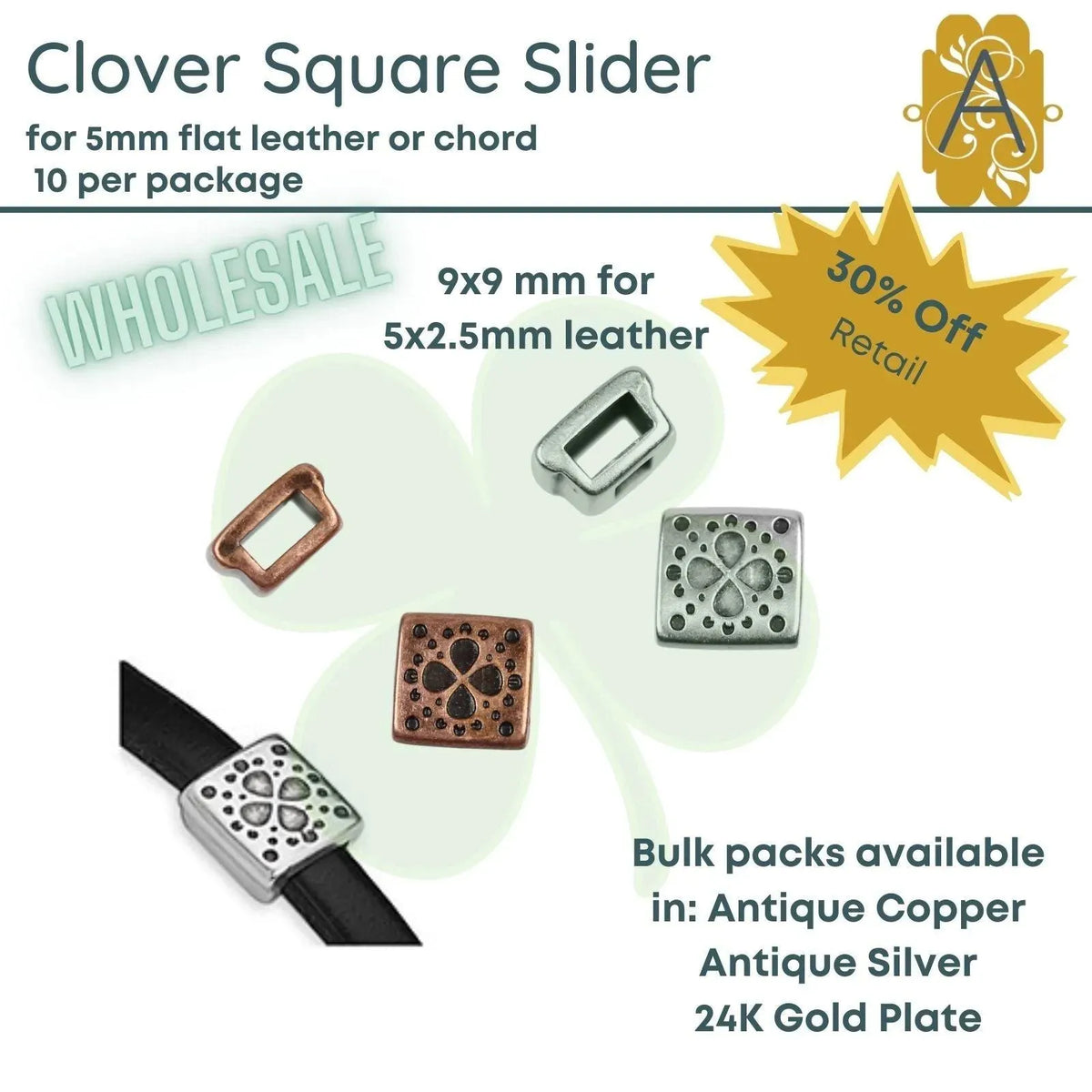 WHOLESALE! Assorted Sliders for 5mm Flat Leather or Cord in 4 Styles, Various Finishes - The Argus Collection