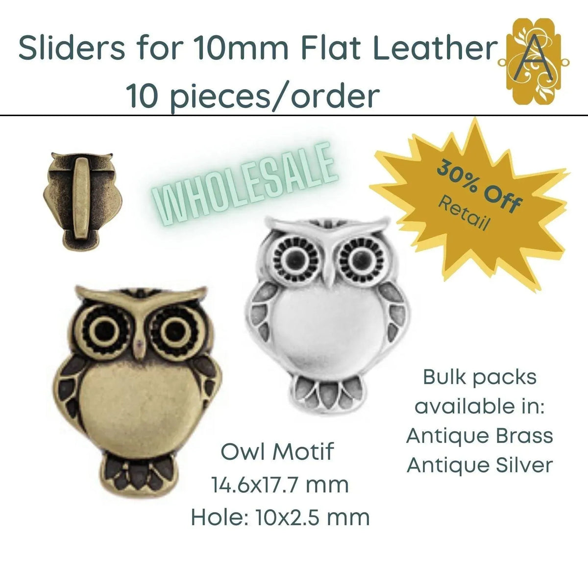 WHOLESALE! Owl Sliders for 10mm Flat Leather in 2 Finishes - The Argus Collection