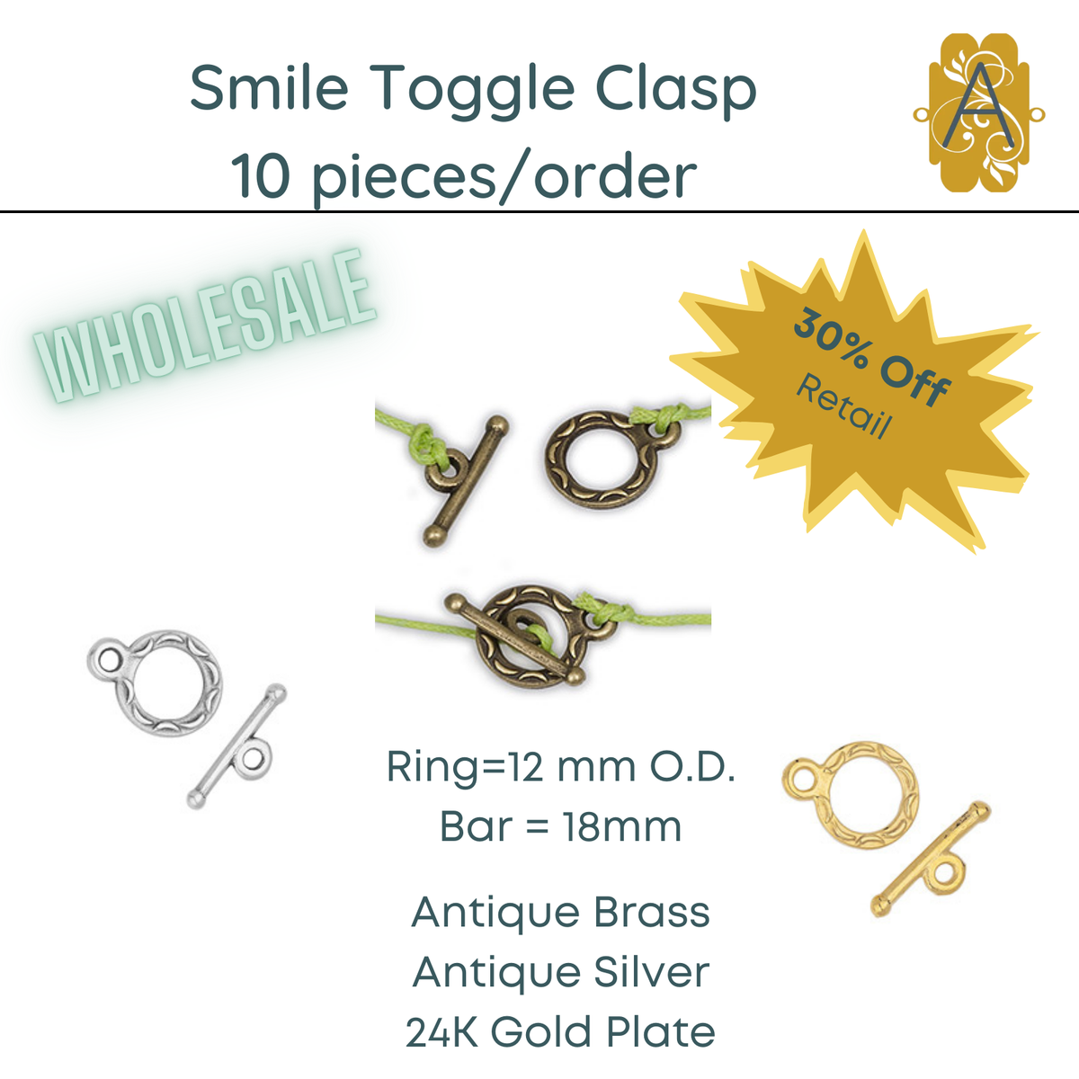 WHOLESALE! Smile Toggle Clasps in 3 Finishes