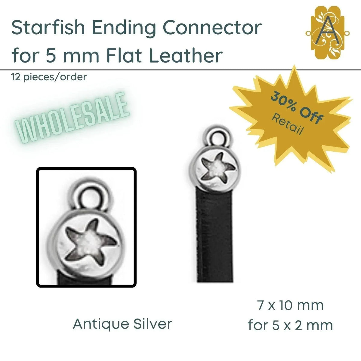 WHOLESALE! Starfish Connector for 5mm Flat Leather, in 2 Finishes - The Argus Collection