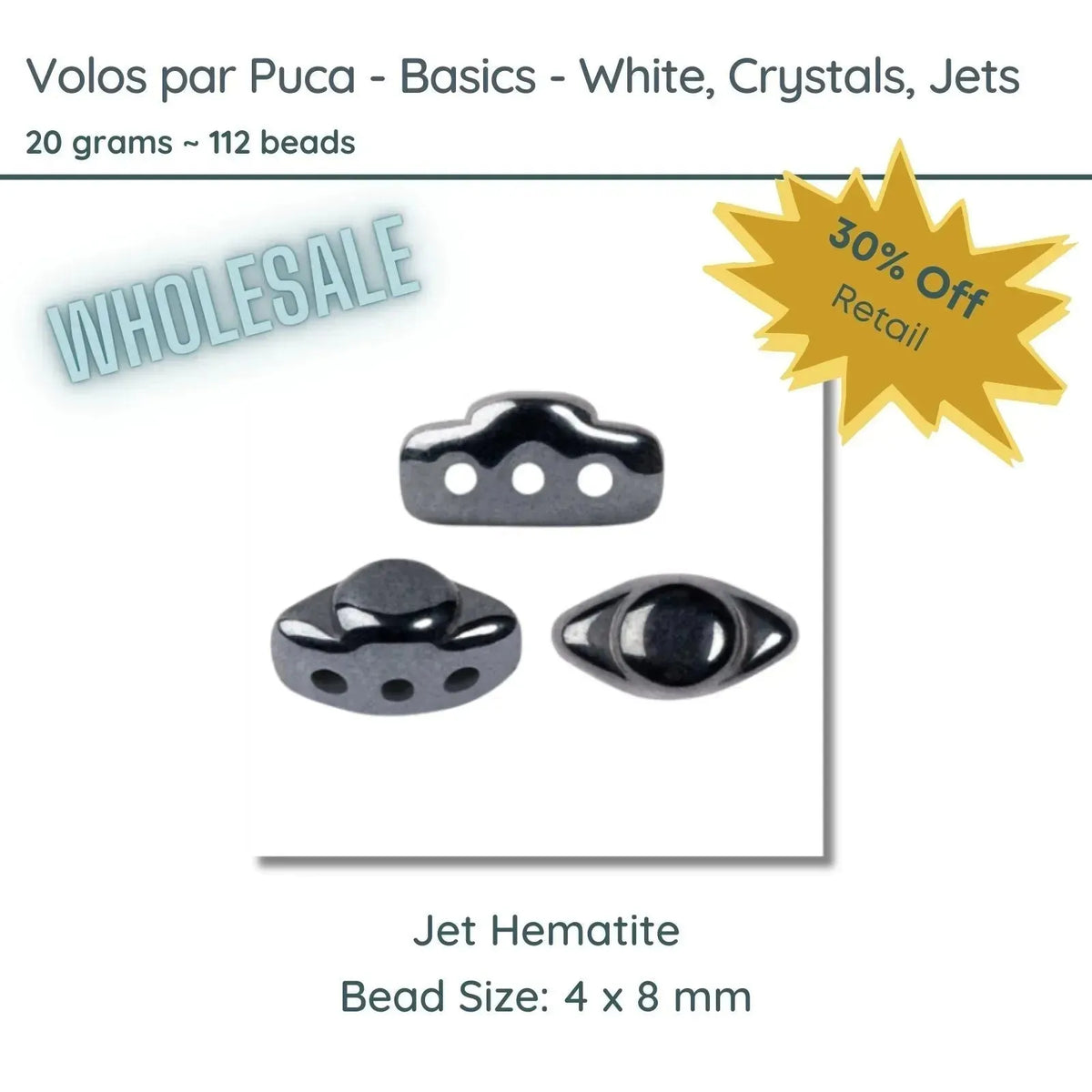 WHOLESALE - Volos Beads par Puca in The Basics Collection in Jet Hematite, 20 grams of beads. - The Argus Collection