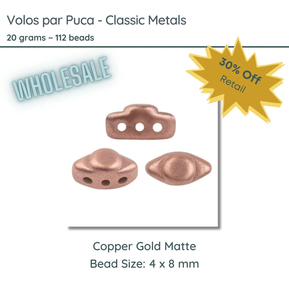 WHOLESALE. Volos Beads par Puca in Classic Metal  Copper Gold Matte Color, 20 grams of beads. - The Argus Collection