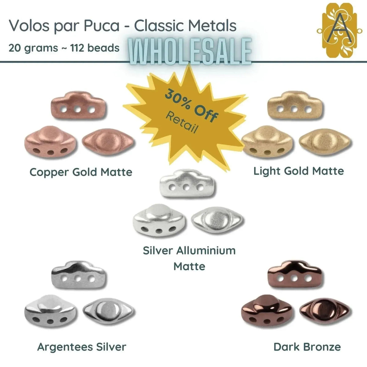 WHOLESALE. Volos Beads par Puca in the Classic Metals Collection, 20 grams of beads. - The Argus Collection