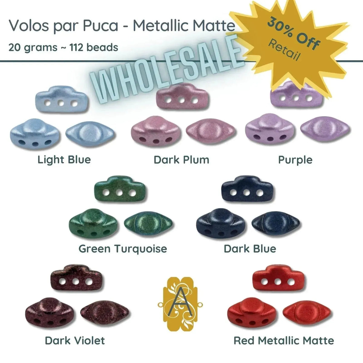 WHOLESALE Volos Beads par Puca in 7 Metallic Colors with 3 holes - The Argus Cllection