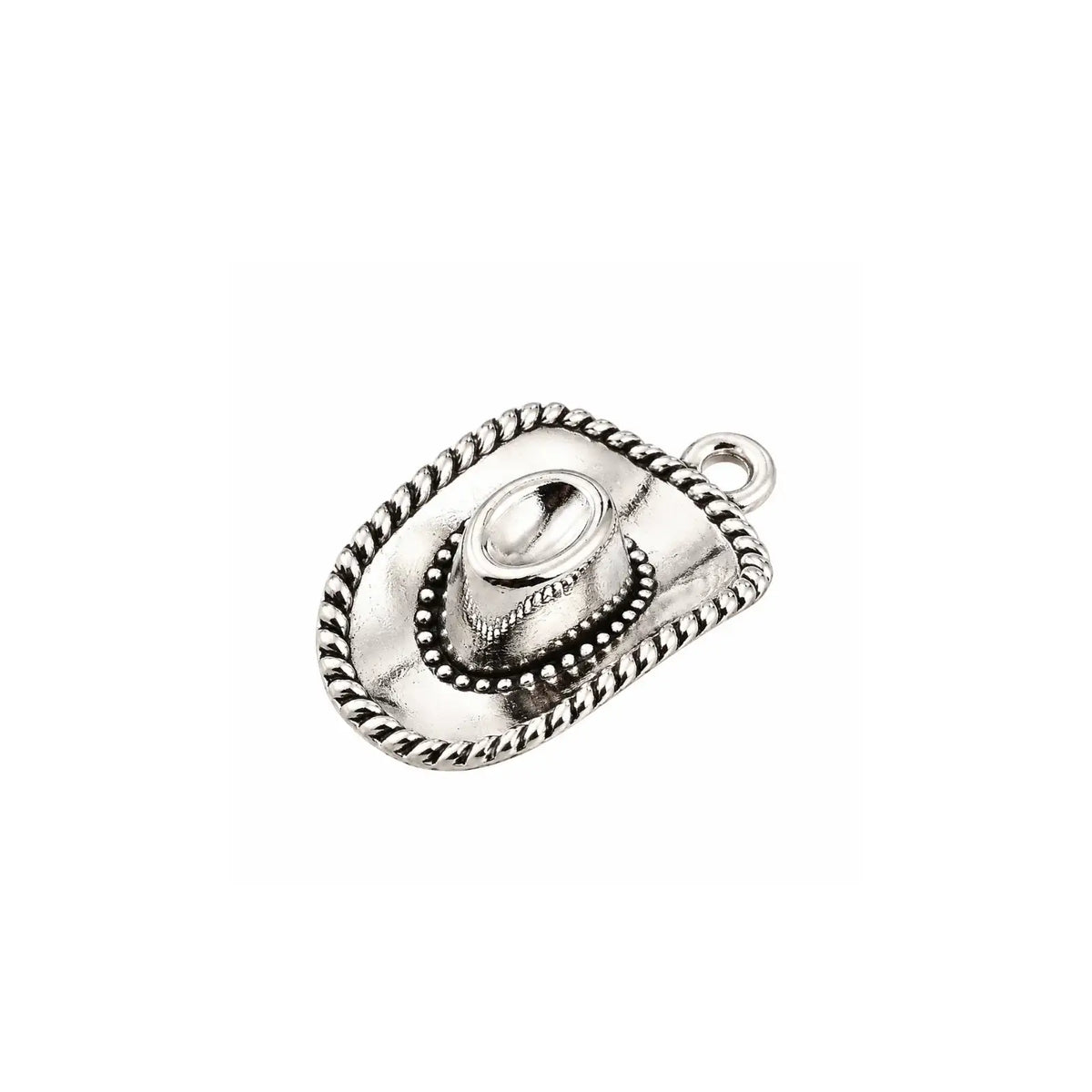 Antique silver cowboy hat charm with western rope detail on a white background