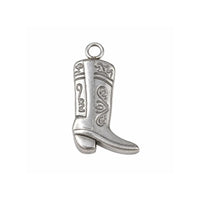 Stainless steel cowboy boot charm with western engraved detail on a white background