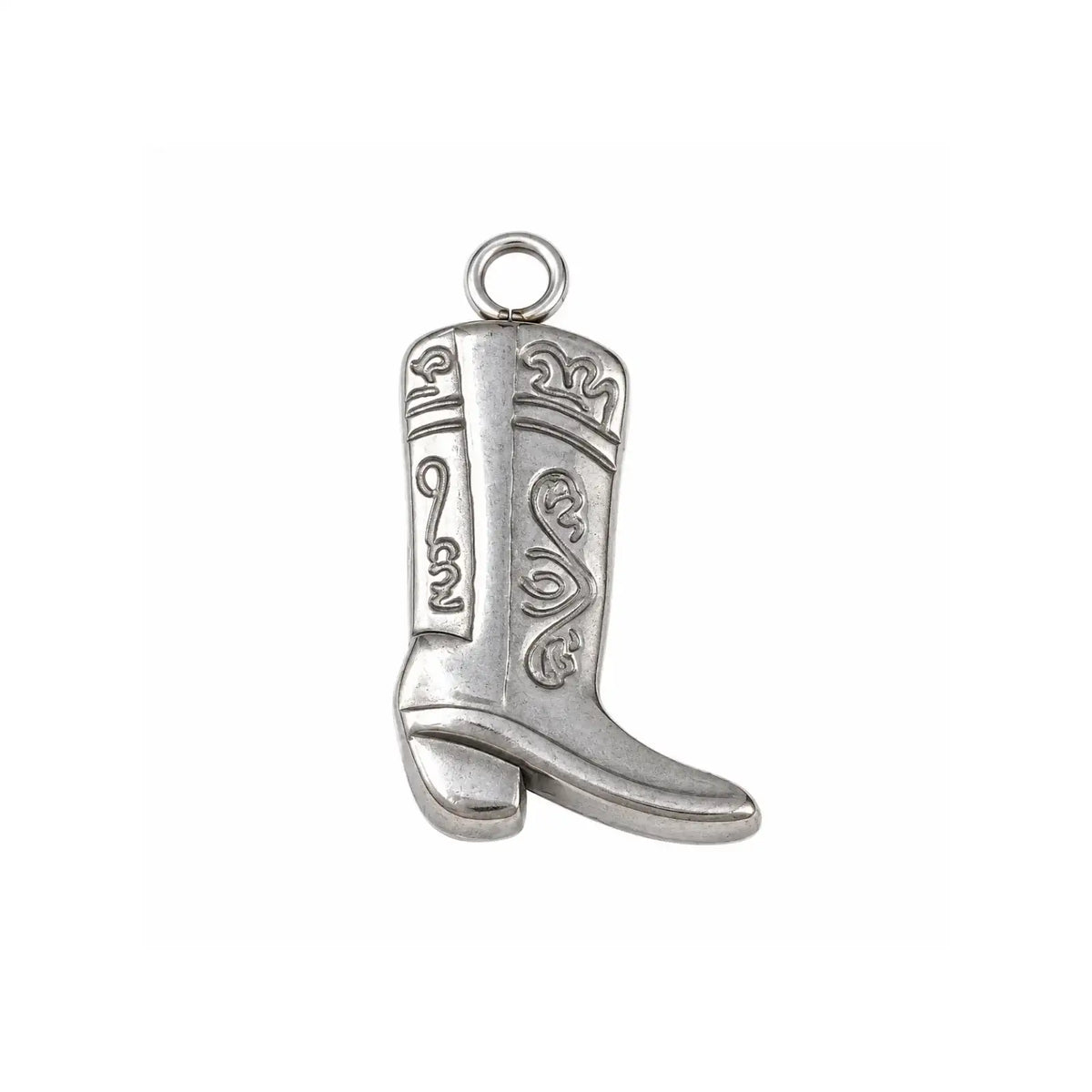 Stainless steel cowboy boot charm with western engraved detail on a white background