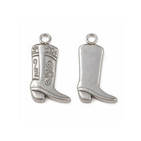 Stainless steel cowboy boot charms showing detailed front and smooth back on a white background