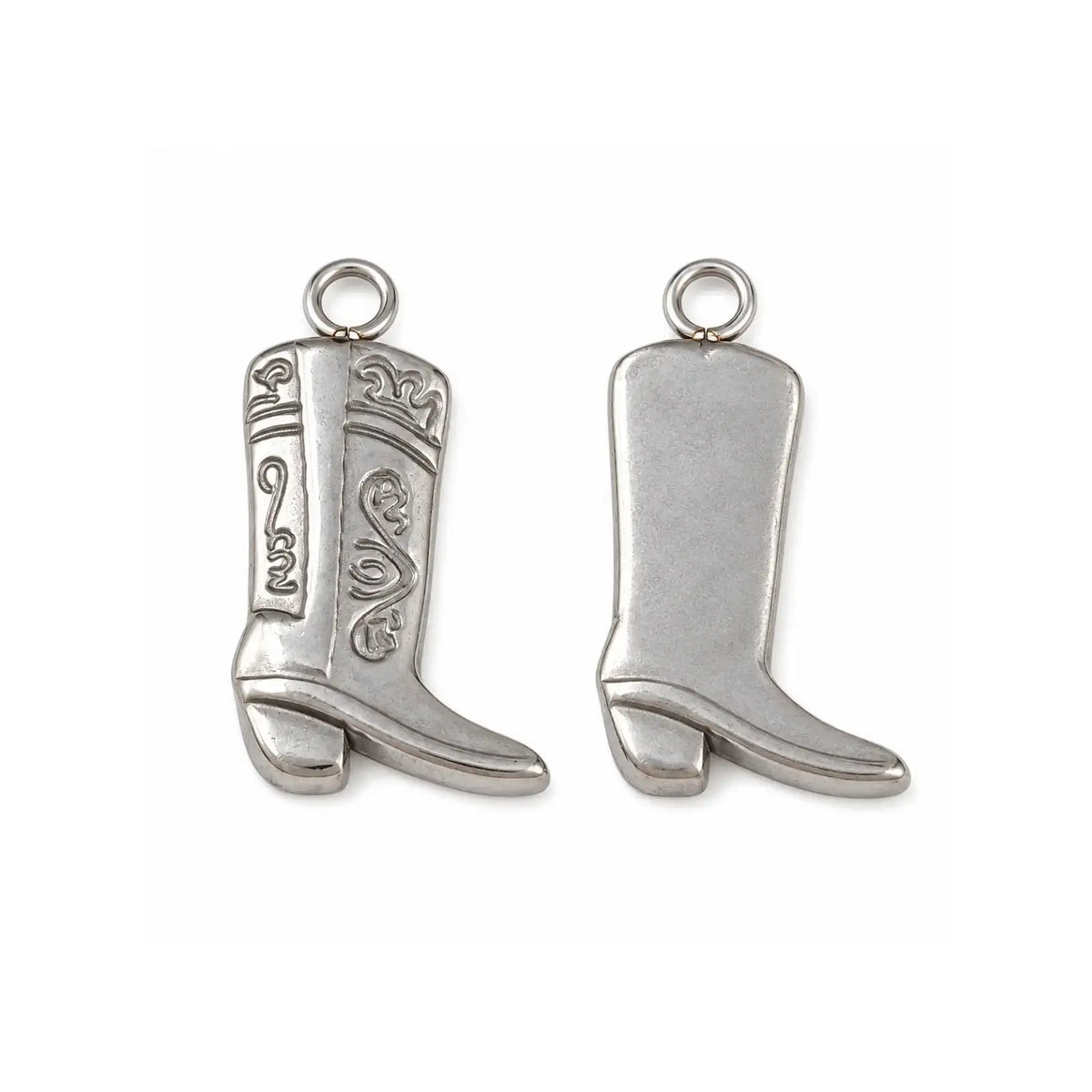 Stainless steel cowboy boot charms showing detailed front and smooth back on a white background