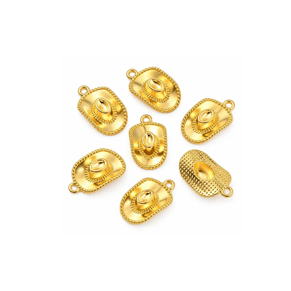 Gold cowboy hat charms shown from multiple angles on a white background