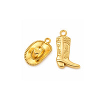 Gold cowboy hat and cowboy boot charms shown together for western jewelry design inspiration