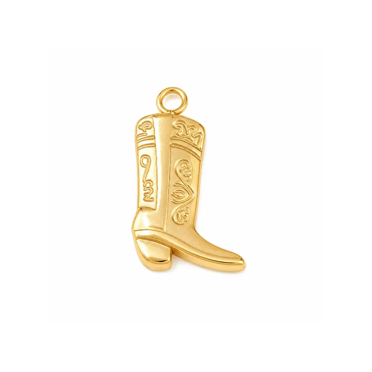 Real 24K gold plated cowboy boot charm with western engraved detail on a white background