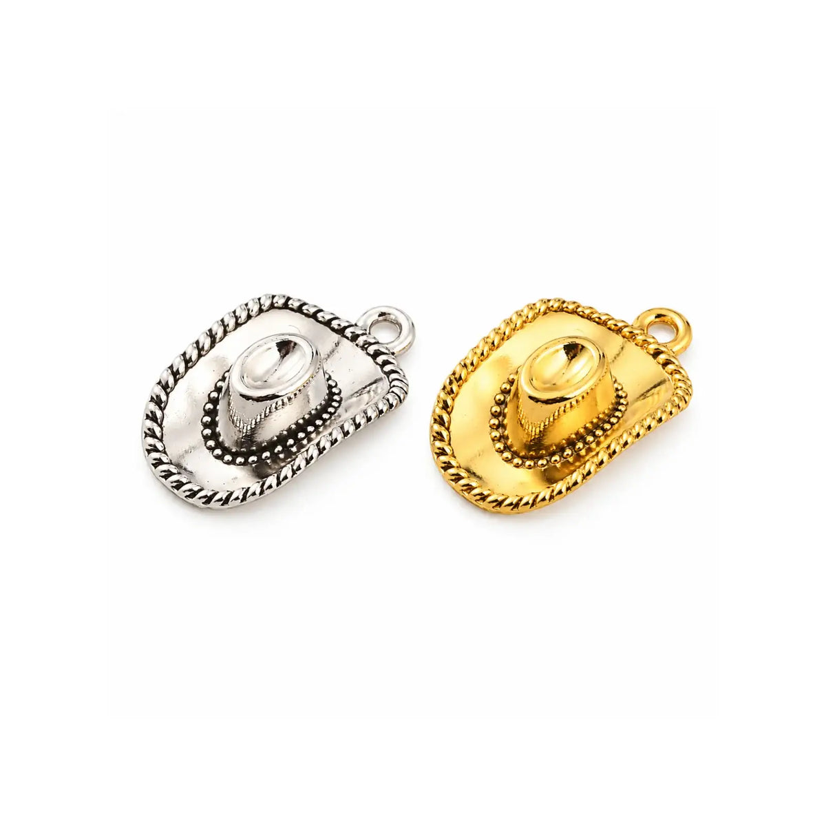 Western cowboy hat charms in Antique Silver and Gold finishes on a white background