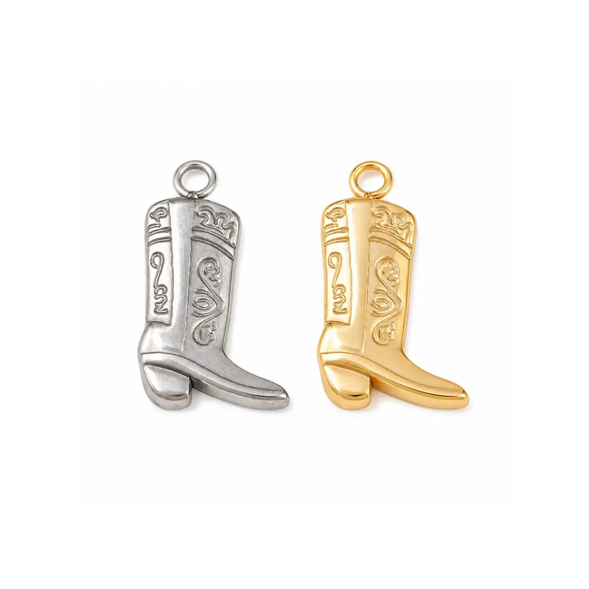 Cowboy boot charms in Stainless Steel and Real 24K Gold Plated finishes on a white background