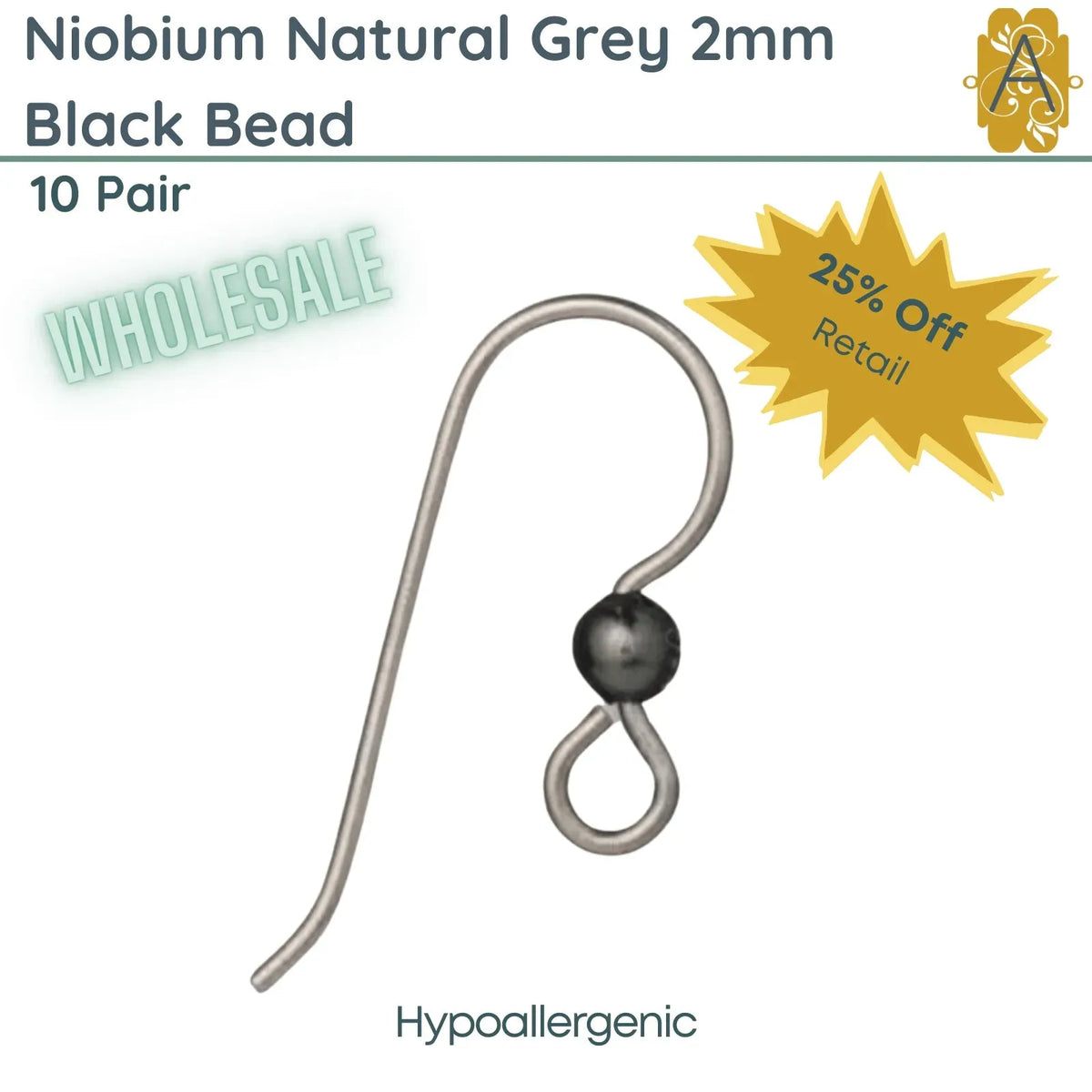 WHOLESALE! Niobium Earring Wires, Natural Grey with Black Bead - The Argus Collection