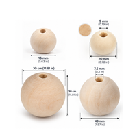 Four natural wood beads of different sizes shown on a white background with dimension labels and measurement callouts in millimeters and inches.