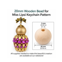 A 20mm wooden bead shown with a decorative gold-tone bow on top and a beaded gold-and-purple lower section. Text reads '20mm Wooden Bead for Miss Lipsi Keychain Pattern,' with a small inset showing the wood bead diameter and additional webstore text below.