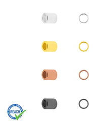 Image showing four pairs of metal cylindrical crimp beads and corresponding rings in silver, gold, rose gold, and black with REACH compliance badge