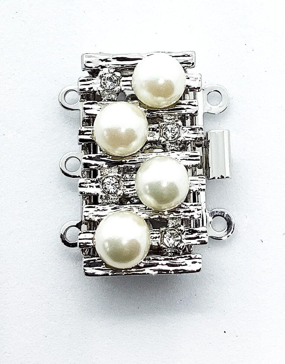 Quadra 3-Strand Box Clasp with Austrian Pearls in 2 Finishes - The Argus Collection