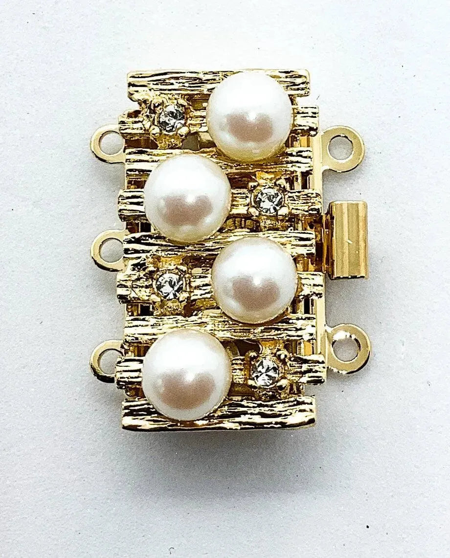 Quadra 3-Strand Box Clasp with Austrian Pearls in 2 Finishes - The Argus Collection