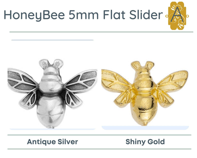 BACK IN STOCK! Honeybee 5mm Flat Slider, 2 Pcs., for 5mm flat Leather, Cork, Etc. Antique Silver, Shiny Gold - The Argus Collection