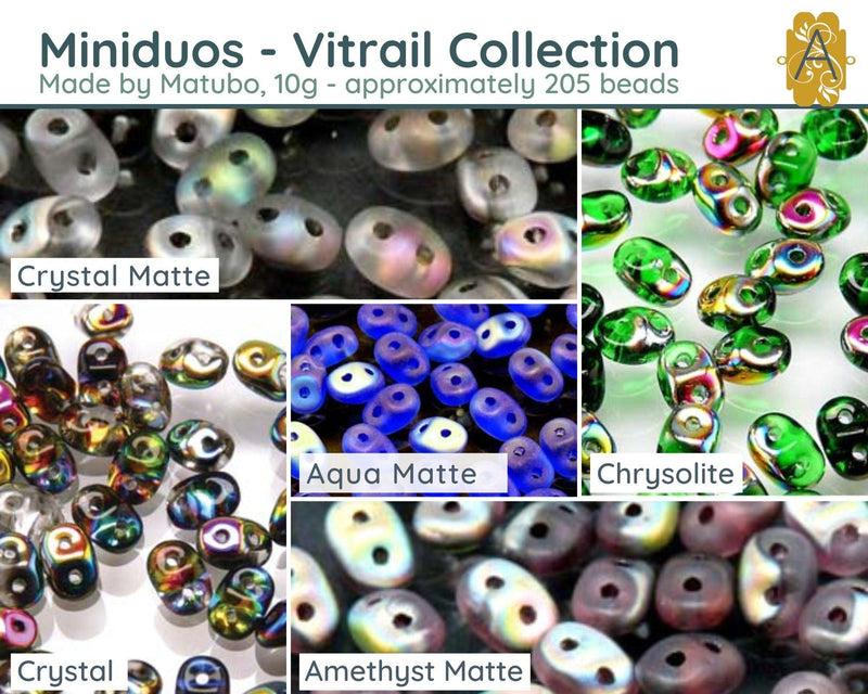 Miniduo Beads, 10g. ~205 Beads, Vitrail Collection, 5 Colors - The Argus Collection