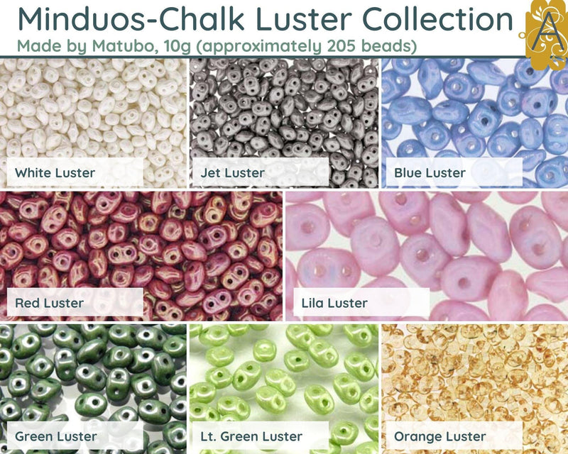 Miniduo Beads, 10g. ~205 Beads, Chalk Luster Collection, 8 Colors - The Argus Collection