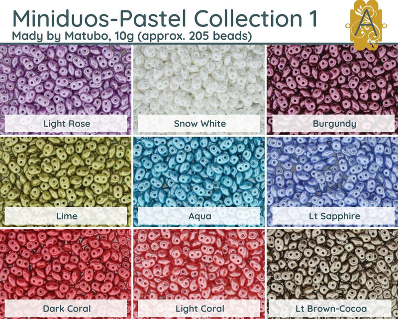 Miniduo Beads, Pastel Collection #1, 10g. ~ 205 Beads, 9 Colors - The Argus Collection