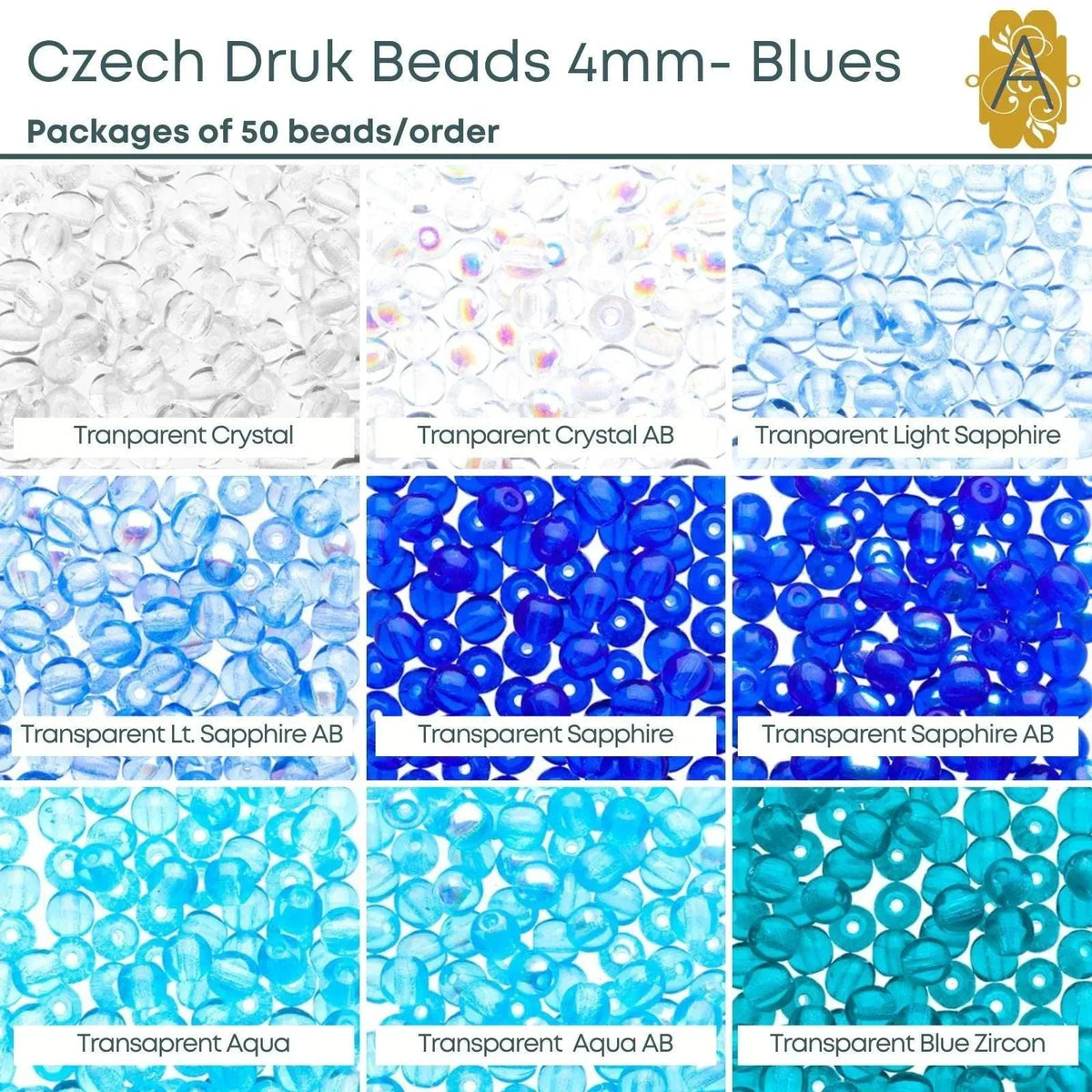 Czech Druk Beads, 4mm, 9 Colors - The Argus Collection