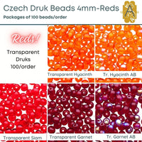 Czech Druk Beads 4mm, Transparent Reds, 5 colors - The Argus Collection