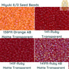 8/0 Miyuki Seedbeads 10 g, Orange AB Matte Transparent 138FR, Ruby Transparent 141, Ruby Matte 141F, Ruby AB Matte Transparent 141FR - The Argus Collection