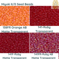 8/0 Miyuki Seedbeads 10 g, Orange AB Matte Transparent 138FR, Ruby Transparent 141, Ruby Matte 141F, Ruby AB Matte Transparent 141FR - The Argus Collection