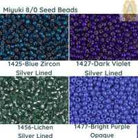 8/0 Miyuki Seed beads 10 g, Blue Zircon Silver Lined 1425, Dark Violet Silver Lined 1427, Lichen Silver Line 1456, Bright Purple Opaque 1477 - The Argus Collection