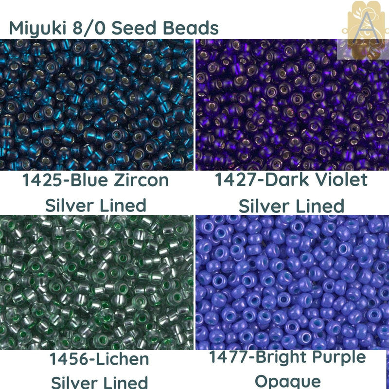 8/0 Miyuki Seed beads 10 g, Blue Zircon Silver Lined 1425, Dark Violet Silver Lined 1427, Lichen Silver Line 1456, Bright Purple Opaque 1477 - The Argus Collection