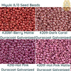 8/0 Miyuki Seed beads 10 g, Berry Matte Duracoat Galvanized 4208F, DK Coral Duracoat Galv 4209, Hot Pink Duracoat Gal 4210, 4210F - The Argus Collection