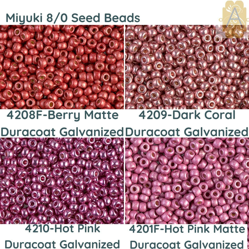 8/0 Miyuki Seed beads 10 g, Berry Matte Duracoat Galvanized 4208F, DK Coral Duracoat Galv 4209, Hot Pink Duracoat Gal 4210, 4210F - The Argus Collection