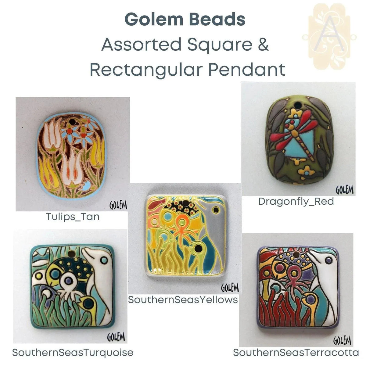 Assorted Ceramic Square/Rect. Pendants, Golem Studios in 5 Designs - The Argus Collection