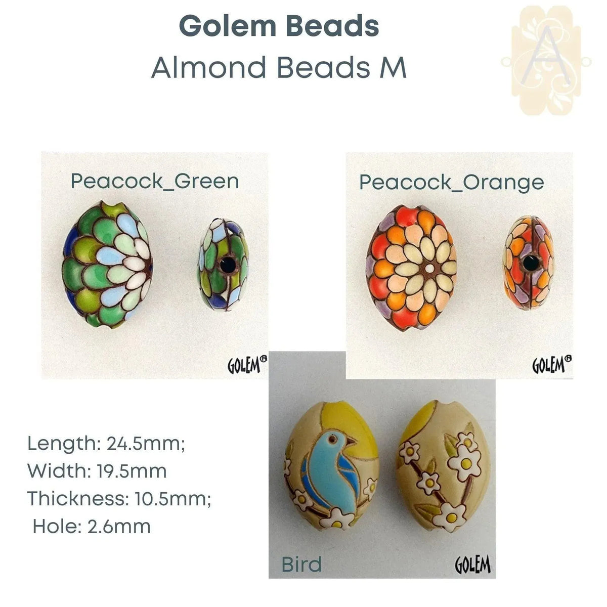 Carved Ceramic Almond Beads or Pendants by Golem Studios in 3 designs - The Argus Collection