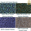 8/0 Miyuki Seed beads 10 g, Blue Green Matte Metallic 2064, DK Green Iris Metallic Matte 2066, Cobalt Matte 2075, Crystal AB Taupe S/L 2195 - The Argus Collection