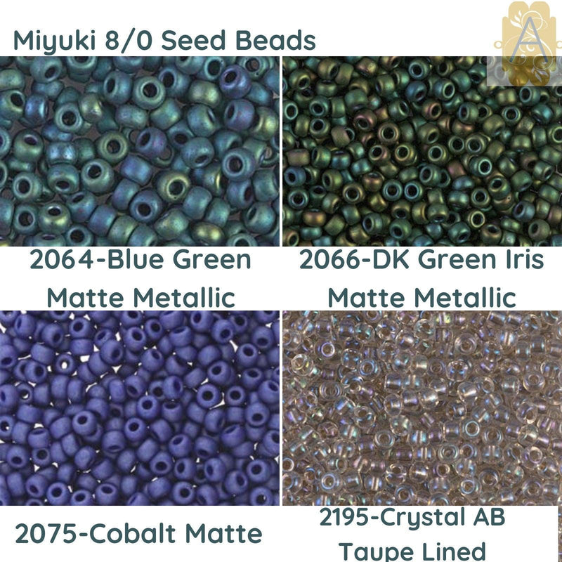 8/0 Miyuki Seed beads 10 g, Blue Green Matte Metallic 2064, DK Green Iris Metallic Matte 2066, Cobalt Matte 2075, Crystal AB Taupe S/L 2195 - The Argus Collection