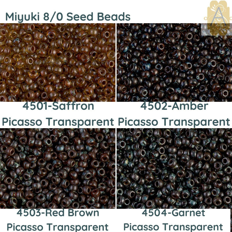 8/0 Miyuki Seedbeads 10 g, Saffron Transparent Picasso 4501, Amber Picasso Transparent 4502, Red Brown Picasso 4503, Garnet Picasso 4504 - The Argus Collection