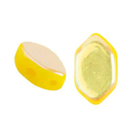 Two 2-hole glass beads, yellow and  gold, on a white background