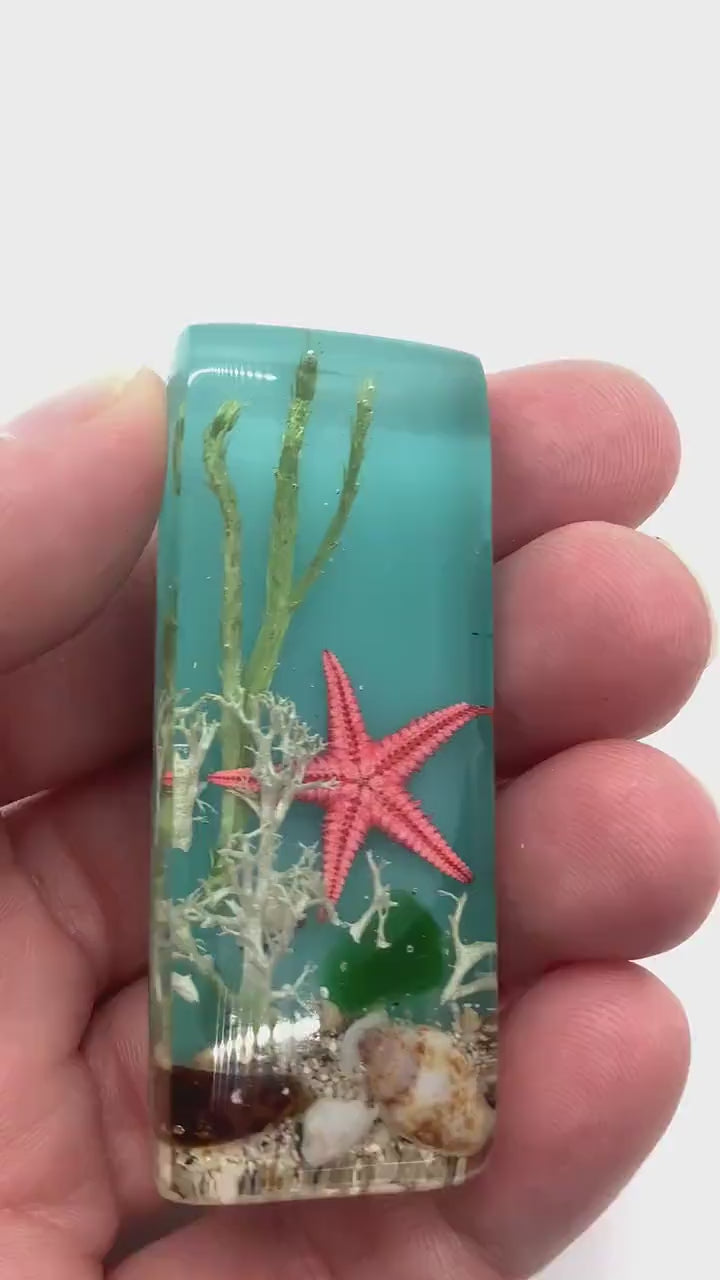 One of a Kind, SEASIDE Rectangular Cabochon, Handmade, Resin, Dried Flowers, Beach Combed Starfish