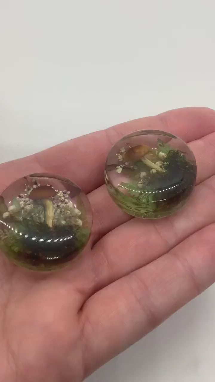 One of a Kind, MUSHROOM SOLILOQUY, 28mm Round Resin Cabochon, with Dried Flowers & other Fauna, 1 Piece