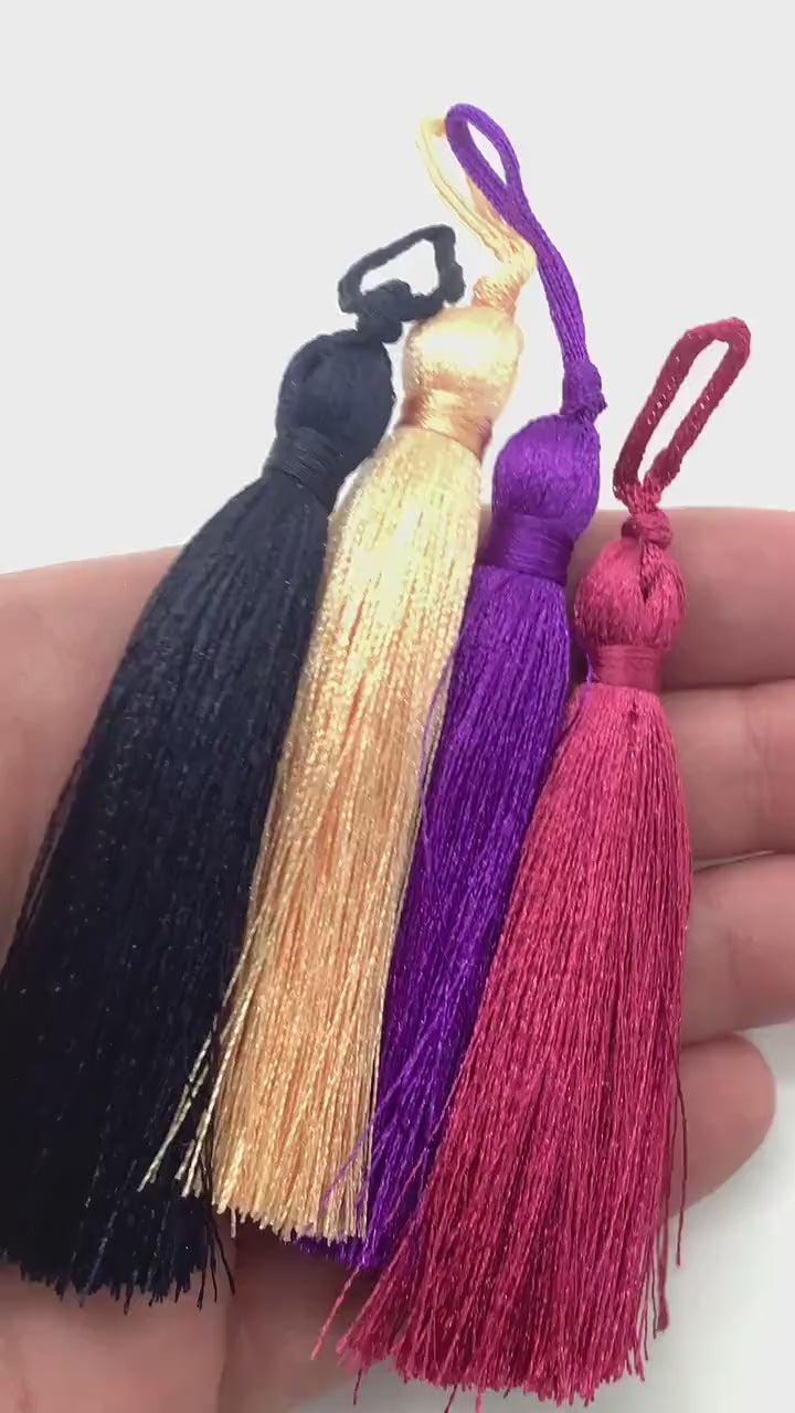 2 Pcs., Medium Silky Tassels, 8cm or 3 inches, Navy Blue, Creamsicle, Amethyst, Salmon, for Jewelry Making or Home Decor