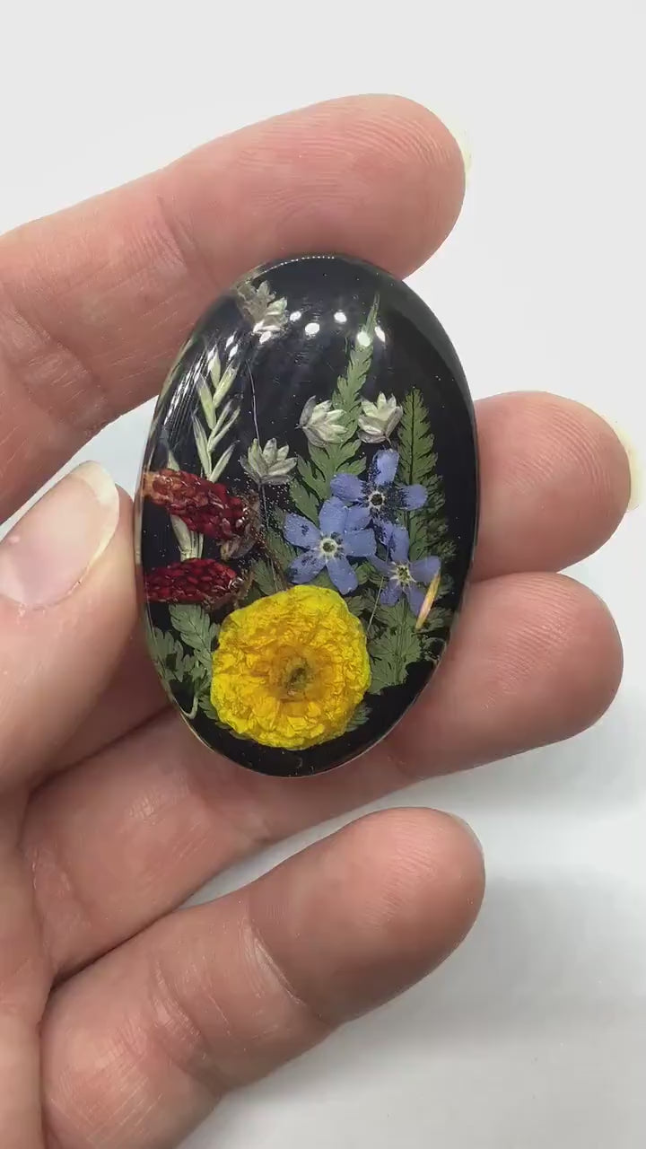 One of a Kind YELLOW FLOWER on Black Cabochon, Handmade, Resin & Dried Flowers