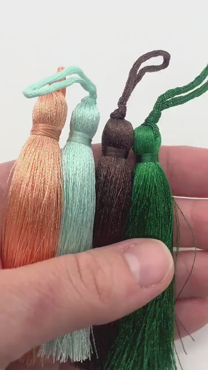 2 Pcs., Medium Silky Tassels, 8cm, 3 Inches, for Jewelry, Decor, Aqua, Creamsicle, Brunette, Emerald Green